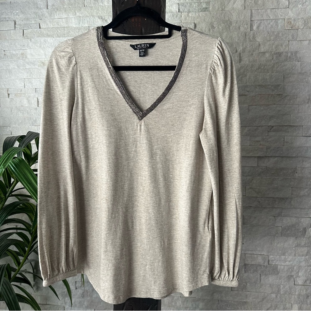 Ralph Lauren Tan Grey Beaded Pintuck Blouse Size XS